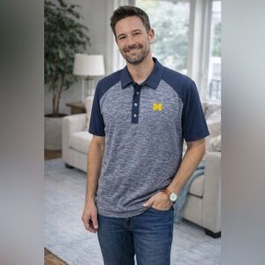 Michigan Wolverines Adidas Golf Puremotion Gray & Blue Golf Polo Size Medium